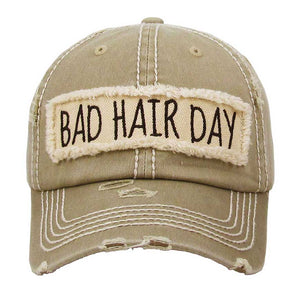 Khaki Distressed Bad Hair Day Baseball Cap, cool vintage cap turns your bad hair day into a good day. The distressed frayed style with faded color, embroidered patch and contrast stitching baseball cap with fun statement will become your favorite cap. Perfect Birthday Gift, Mother's Day Gift, Anniversary Gift, Thank you Gift