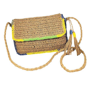 Khaki Double Tassel Pointed Color Block Straw Crossbody Bag, perfectly goes with any outfit and shows your trendy choice to make you stand out on your occasion. Carry out this double tassel crossbody bag while attending an occasion. Perfect for carrying makeup, money, credit cards, keys or coins, etc. It's lightweight and perfect for easy carrying.