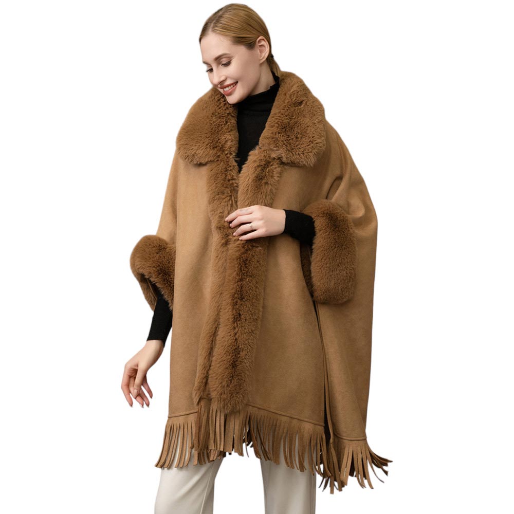 Khaki Faux Fur Trimmed Solid Fringe Ruana Poncho, features a soft faux fur trim for maximum warmth and comfort. Whether dressing up for a night out or staying at home, this fashionable poncho has you covered during colder days. An ideal winter gift choice for loved ones, fashion-loving friends or family members, or yourself.