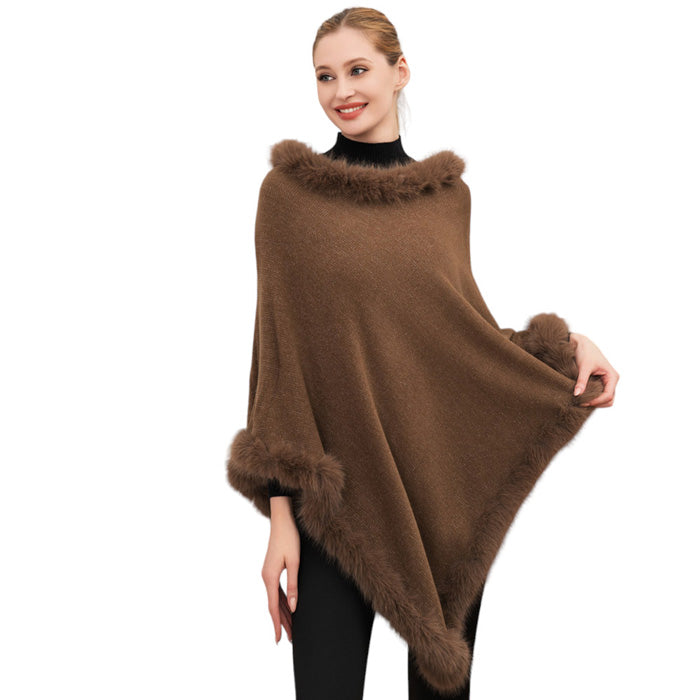Khaki Faux Fur Trimmed Solid Poncho, ensure your upper body stays perfectly warm when the temperatures drop. You can wear it as a casual outfit! A fashionable eye-catcher will quickly become one of your favorite accessories, warm, and goes with all your winter outfits. Perfect winter gift for your loved ones.