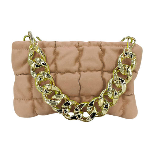 Faux Leather Padded Shoulder Crossbody Bag With Chain Strap - Khaki