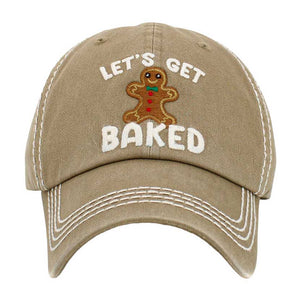 Khaki Let's Get Baked Message Gingerbread Man Pointed Vintage Baseball Cap, Crafted with a curved visor and adjustable back closure, this baseball cap adds a pop of fun to any sporty or casual outfit. The stitched design features a delicious gingerbread man making it a nice gift choice for sports lovers on Christmas days.