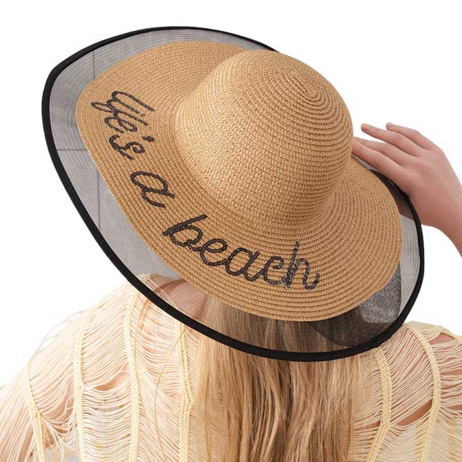 Khaki Don't get lost in the sun, catch some shade with our Life is a Beach Message Mesh Brim Straw Sun Hat. Emblazoned with a playful message, this hat is perfect for all your beach adventures. Stay cool and stylish while making a statement with this fun and practical hat.