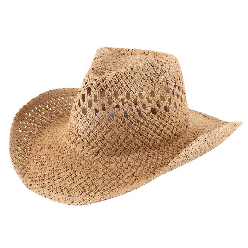 Khaki Open Weave Panama Cowboy Straw Hat, Expertly crafted from premium straw, our hat is the perfect accessory for any outdoor adventure. The intricate weave not only adds a touch of style but also provides superior ventilation to keep you cool and comfortable in the sun. Get ready to wrangle in style with our Cowboy Hat.