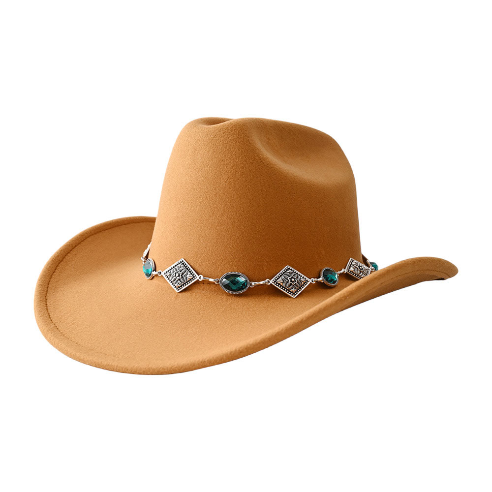 Khaki Oval Stone Antique Metal Band Solid Cowboy Fedora Panama Hat, Crafted with a solid construction featuring an oval stone design and a unique antique metal band, it's designed to be durable and fashionable. An excellent gift choice for your fashion-loving family members, friends, young adults, travelers, or yourself!