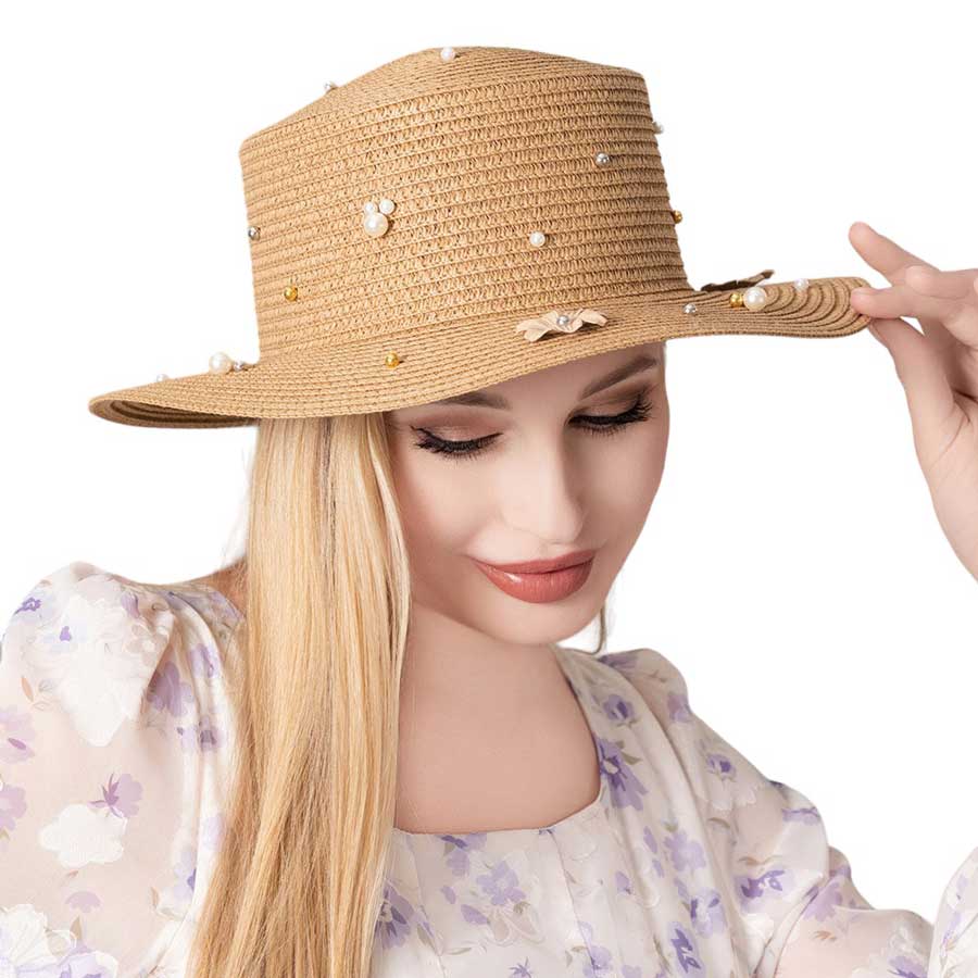 Khaki Pearl Flower Embellished Straw Sun Hat, is a must-have for any fashion-forward individual! The beautifully crafted pearl flower detailing adds a touch of elegance to the classic straw sun hat. Protect your skin from the sun's harmful rays while looking stylish and chic. Perfect for any outdoor occasion! 