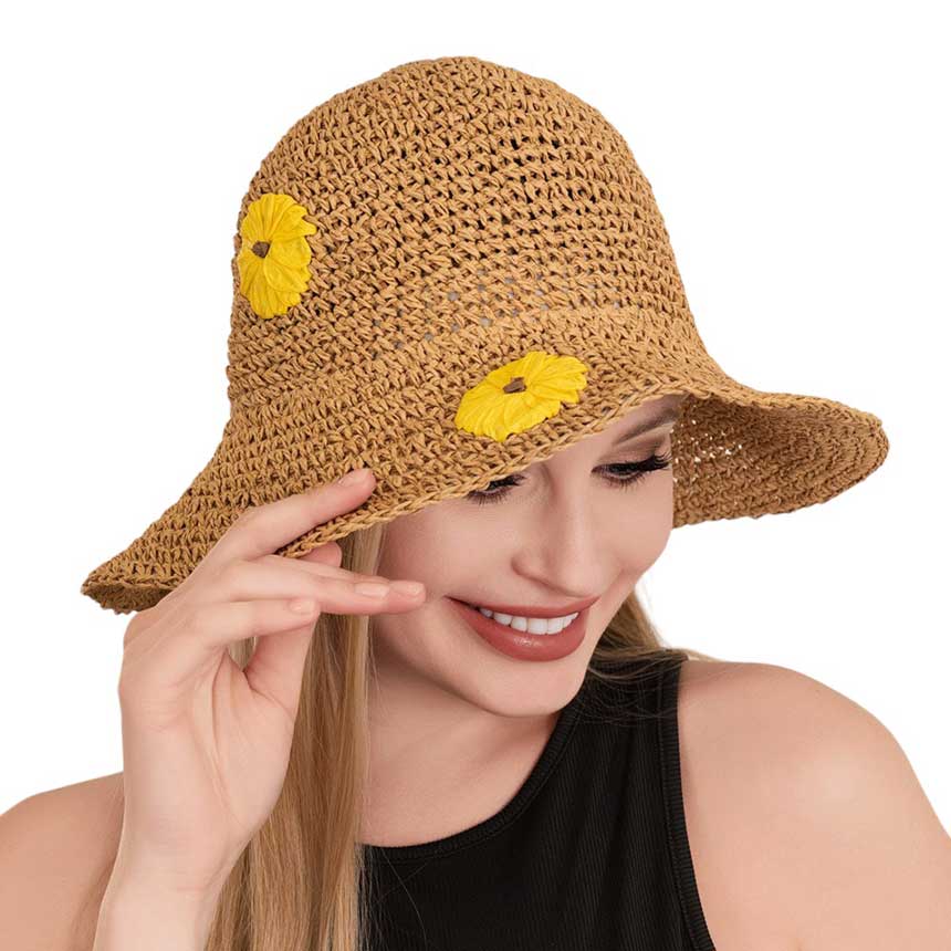 Beige Raffia Flower Pointed Bucket Hat, Upgrade your summer style with our stylish and trendy hat! Made from high-quality raffia material, this hat features a unique pointed design and a beautiful floral accent. Stay cool, chic, and protected from the sun all season long. Your go-to accessory for any outdoor occasion.