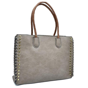 Khaki Studded Faux Leather Whipstitch Shoulder Bag Tote Bag, is crafted from high-quality faux leather, featuring a stylish whipstitch trim and studded accents. Its adjustable strap makes it perfect for everyday use, this spacious handbag features a roomy interior to hold all your essentials. This bag is sure to turn heads.