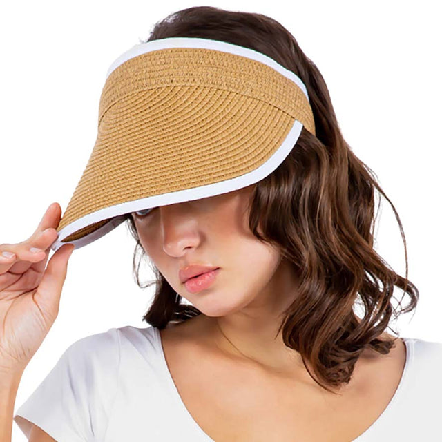 Khaki White Solid Trimmed Straw Visor Sun Hat, Large, comfortable, and perfect for keeping the sun off of your face and neck. Ideal for travelers who are on vacation or spending in the outdoors. It looks so pretty, and elegant in summer. An excellent gift for Birthday, anniversary, Vacation, Valentine's Day, or any occasion.