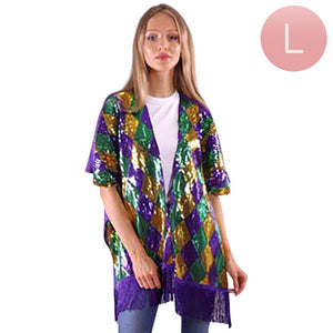L Sequin Tassel Kimono Poncho, Elevate your Mardi Gras style game with this stylish kimono poncho. Dazzle in the vibrant sequins while staying comfortable in the lightweight, flowy fabric. Perfect for the festival or a night out, this unique piece will make you stand out in the crowd. It is an ideal festive gift idea.