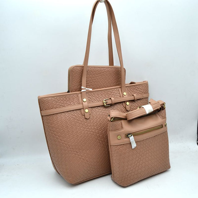 Woven Tote Bag Set with Crossbody and Wallet - Pink - Tote Bag