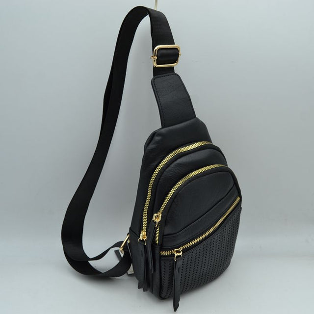 Perforated Crossbody Sling Bag with Triple Zipper Pockets - Black - Sling Bag
