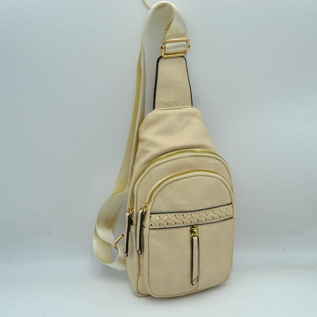 Braided Accent Sling Bag with Multi-Zipper Compartments - Beige - Sling Bag
