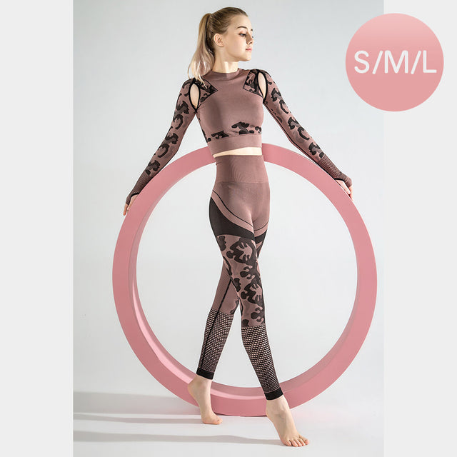 Madeline Love Brown Printed Long Sleeve Crop Top and High Rise Tight Set - Apparel
