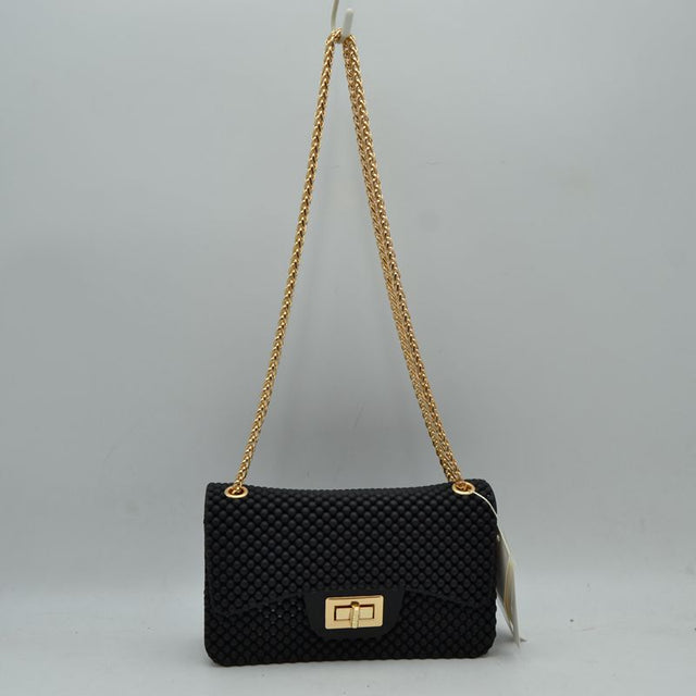 Textured Flap Shoulder Bag with Metallic Chain Strap - Black - Shoulder Bag