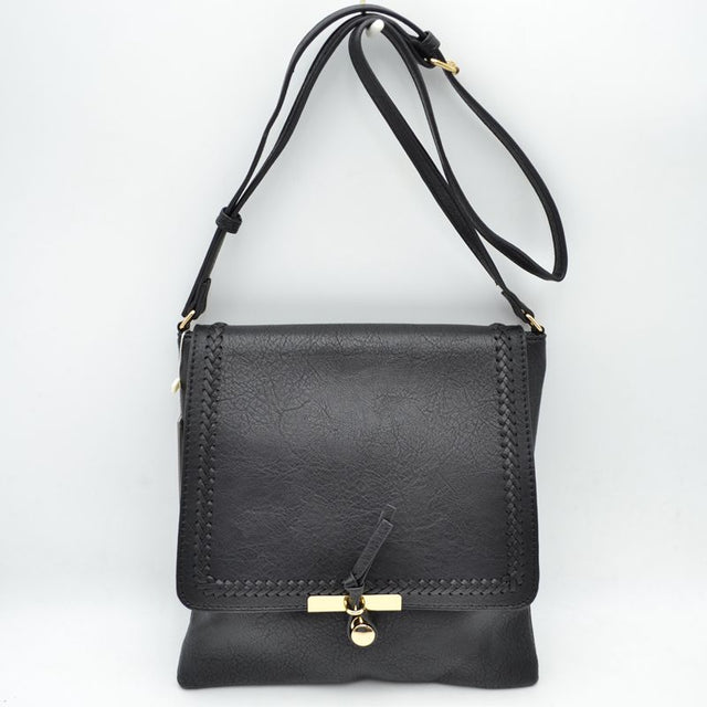 Braided Trim Flap Messenger Crossbody Bag with Metallic Bar T-Lock Closure - Black - Crossbody Bag
