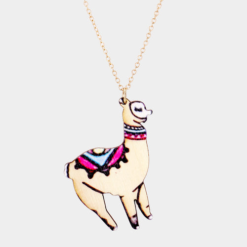 Colored Wood Llama Pendant Long Necklace - Ivory