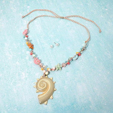 Madeline Love Gold Spiral Shell Pendant Accent Coastal Beaded Adjustable Cinch Pull Tie Statement Long Necklace - Necklaces