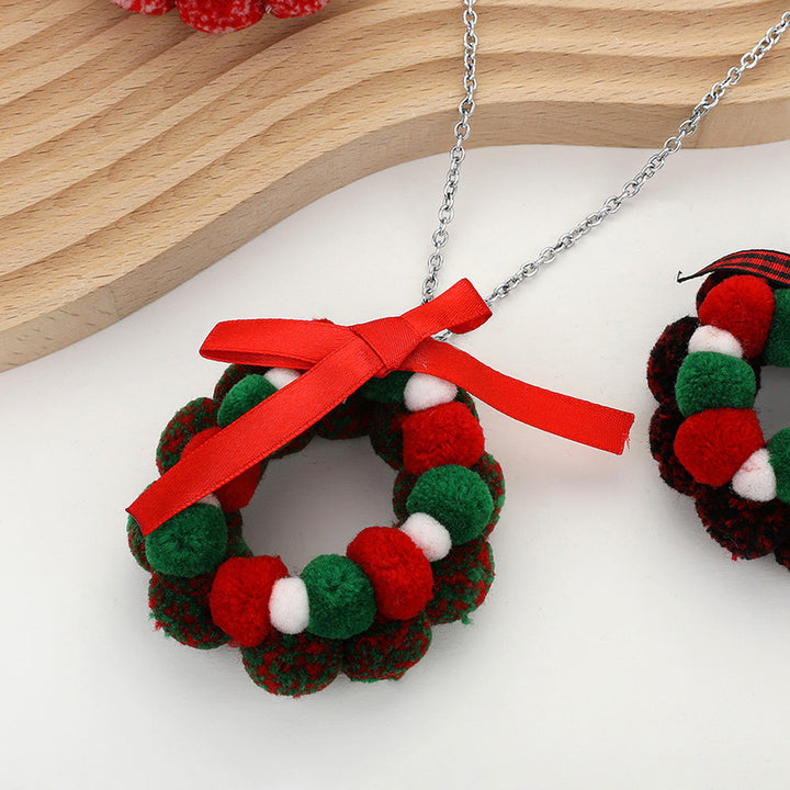Green Red, Bow Pom Pom Wreath Long Pendant Necklace