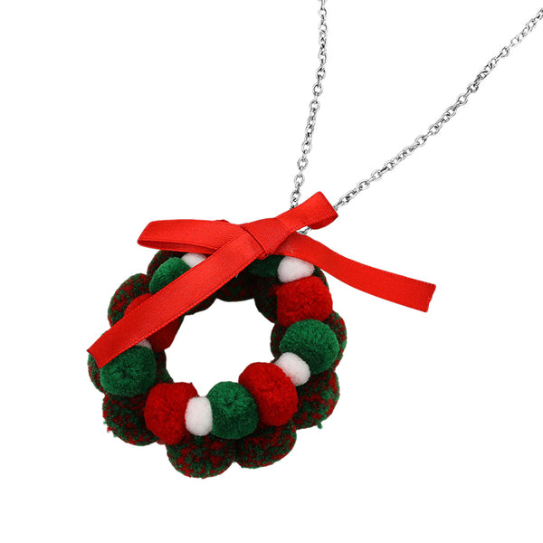 Green Red, Bow Pom Pom Wreath Long Pendant Necklace