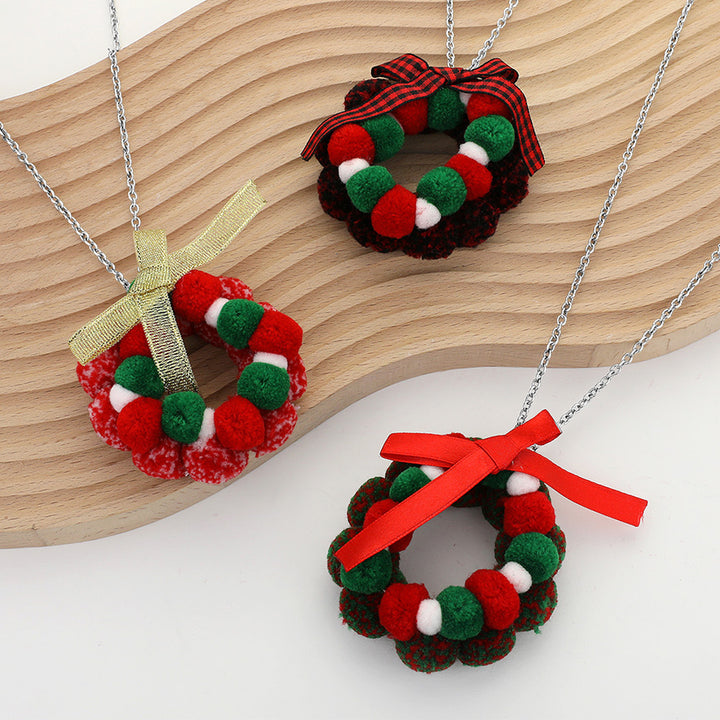 Green Red, Bow Pom Pom Wreath Long Pendant Necklace