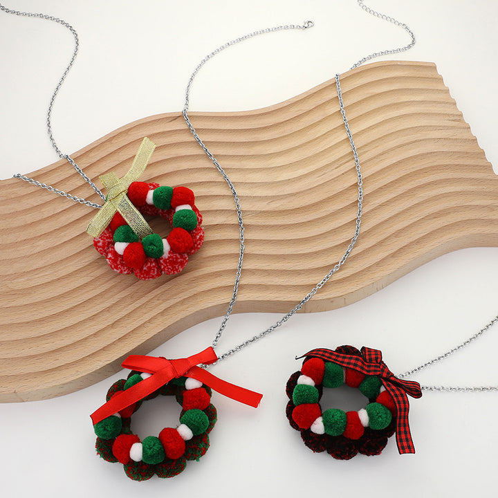 Green Red, Bow Pom Pom Wreath Long Pendant Necklace