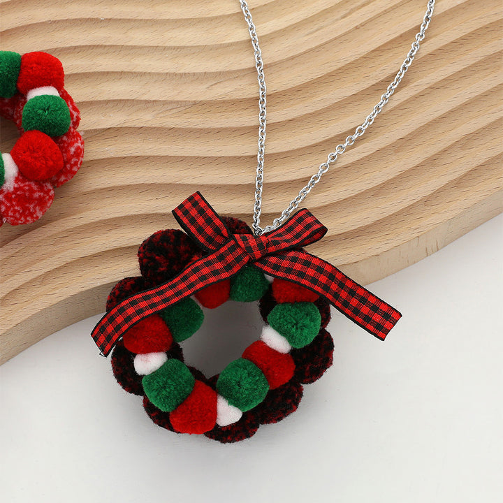 Multi Red, Bow Pom Pom Wreath Long Pendant Necklace
