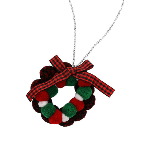 Bow Pom Pom Wreath Long Pendant Necklace - Multi Red