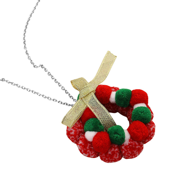 Red White, Bow Pom Pom Wreath Long Pendant Necklace
