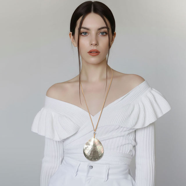Madeline Love AB, Abalone, Rhodium Abalone Teardrop Pendant Long Necklace - Necklaces