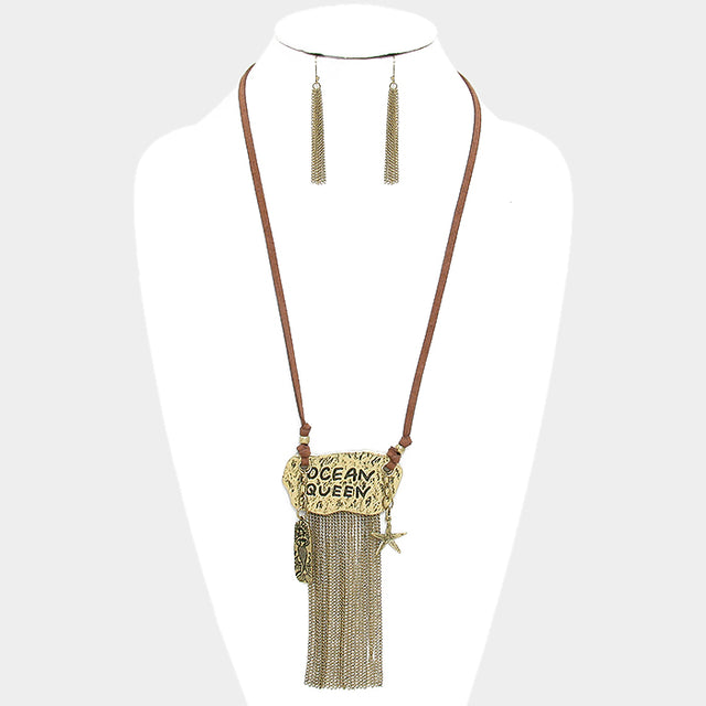 Gold Burnished "Ocean Queen" Starfish & Mermaid Charm Metal Chain Fringe Necklace