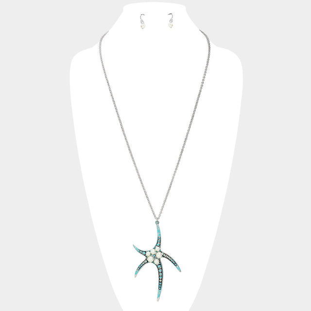 Cream, Patina Verdigris Pearl Embellished Antique Metal Starfish Pendant Long Necklace