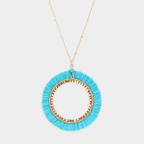 Raffia Trimmed Open Circle Pendant Long Necklace - Turquoise