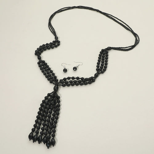 Pearl Beaded Tassel Long Necklace - Black
