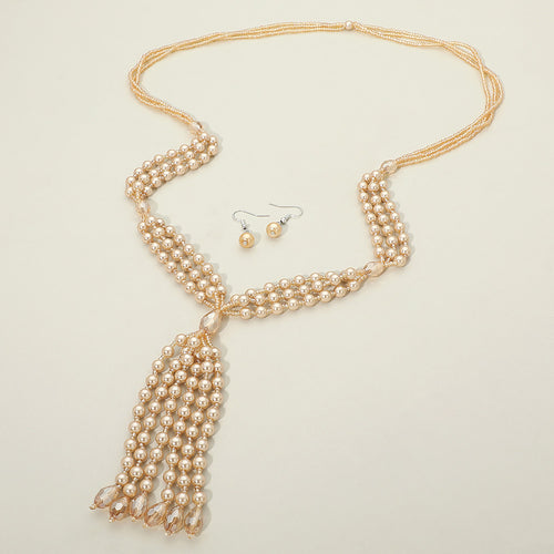 Pearl Beaded Tassel Long Necklace - Copper
