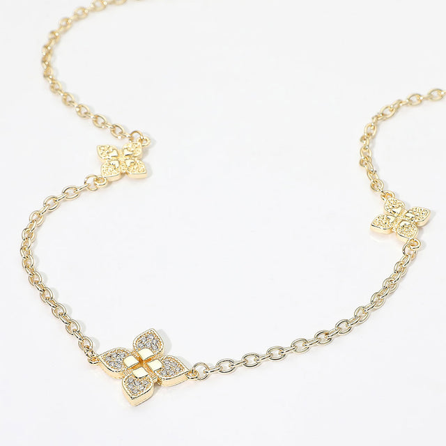 Madeline Love Gold 14K Gold Plated CZ Pave Floral Motif Station Long Necklace