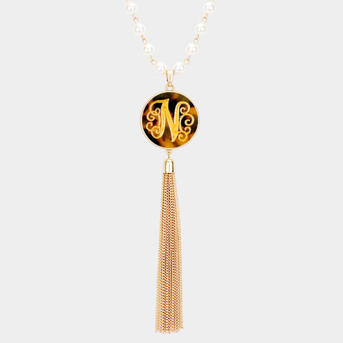 -N- Initial Monogram Pearl Metal Tassel Necklace - Brown, Worn Gold