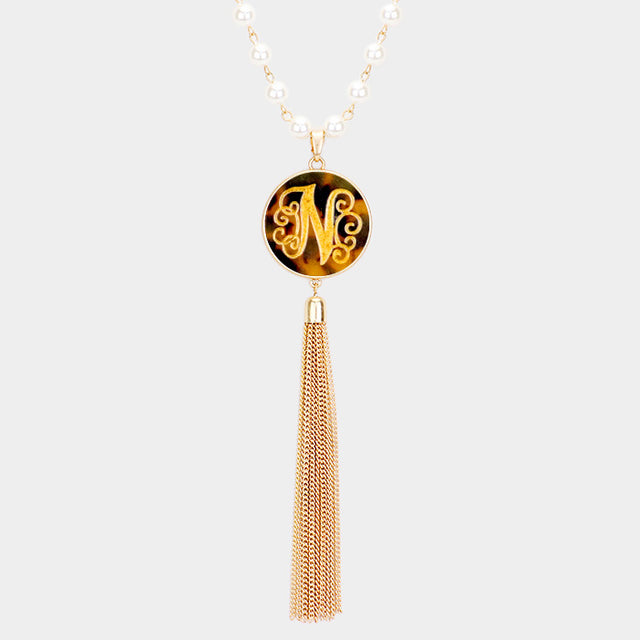 Madeline Love Brown, Worn Gold -N- Initial Monogram Pearl Metal Tassel Necklace - Necklaces