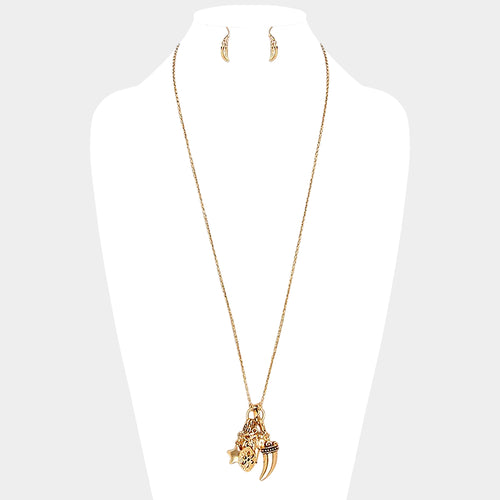 Metal elephant & horn multi-charm long necklace - Matte gold
