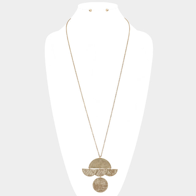 Madeline Love Neutral, Worn Gold Geometric Patterned Metal Link Pendant Necklace - Necklaces