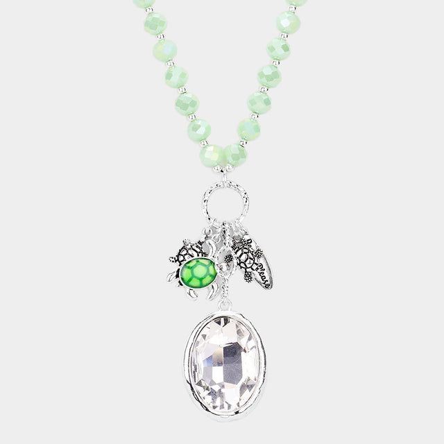 Mint Wood Faceted Beaded Turtle Oval Stone Pendant Necklace