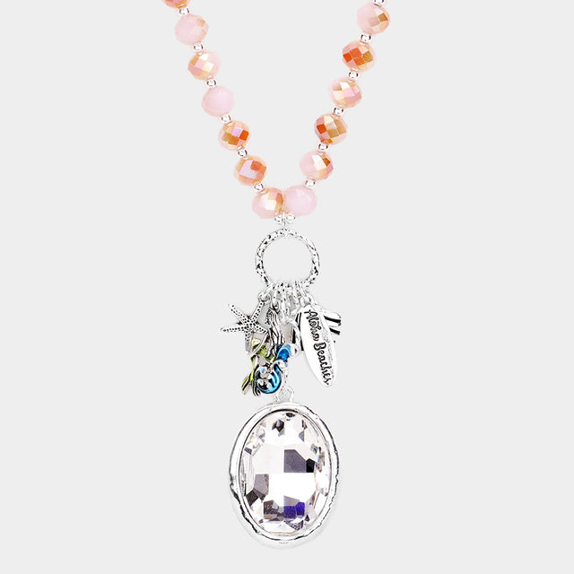 Peach Wood Faceted Beaded Starfish Mermaid Oval Stone Pendant Necklace