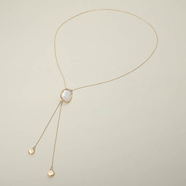 Madeline Love Cream, Gold Baroque Pearl Frame Accent Adjustable Bolo Tie Long Necklace - Necklaces