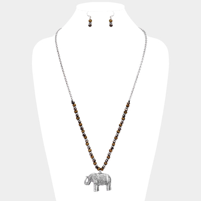 Madeline Love Silver Burnished Burnished Metal Elephant Pendant Beaded Long Necklace - Necklaces