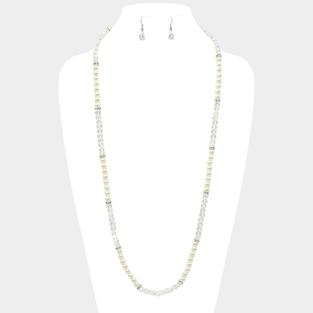 Madeline Love Cream, Clear Metallic Bead & Pearl Long Necklace - Necklaces