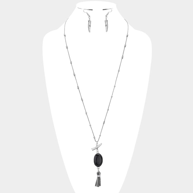 Madeline Love Dark Brown Oval Stone with Faux Leather Tassel Long Necklace - Necklaces