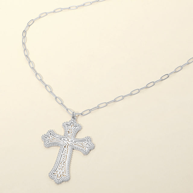 Madeline Love Worn Silver Metal Filigree Cross Pendant Long Necklace - Necklaces