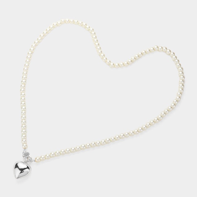 Metal Heart Pendant Pearl Long Necklace - Rhodium - Necklaces