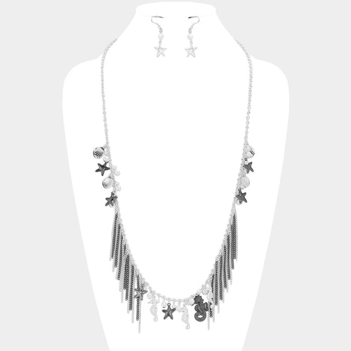 Seahorse & Starfish Fringe Long Necklace - Hematite, Silver, White