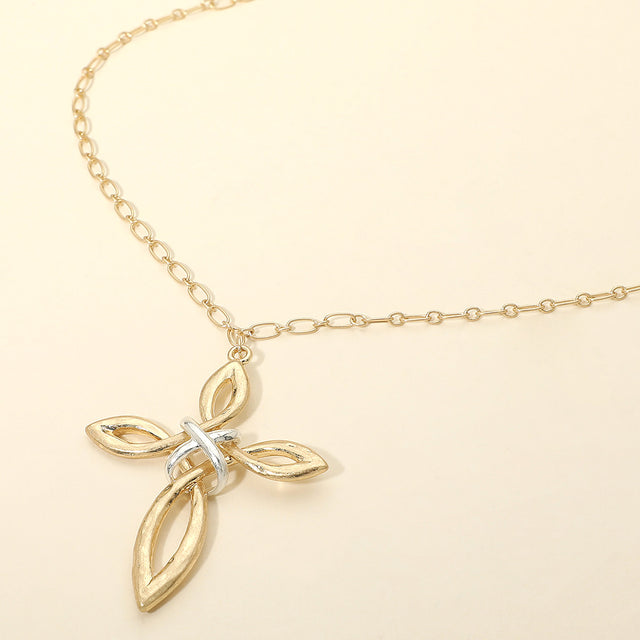 Madeline Love Two Tone, Worn Gold Two Tone Interwoven Cross Pendant Long Necklace - Necklaces